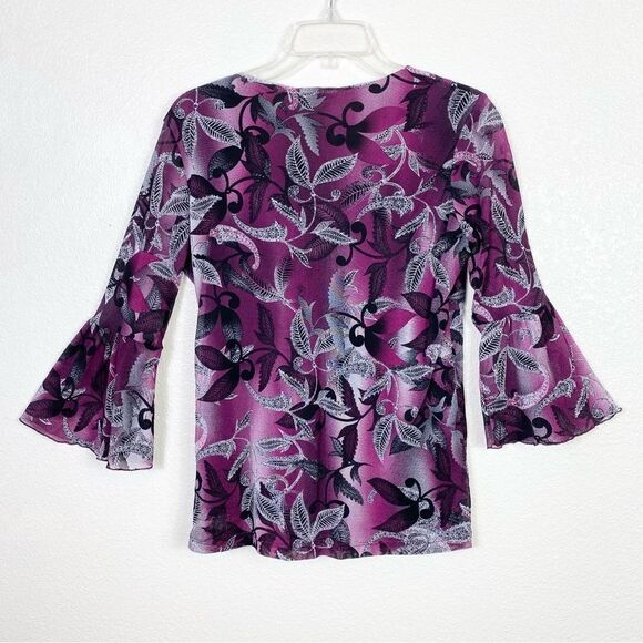 Vintage y2k Worthington Purple & Black Leaf Pattern Bell Sleeve Blouse - Picture 3 of 5
